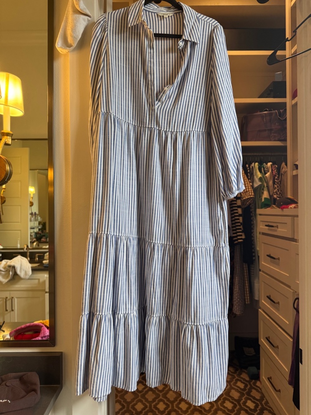 Max Studio Blue and White Striped Tiered Maxi Dress